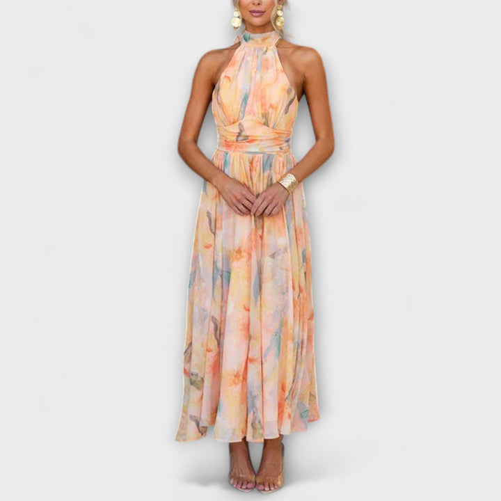 Fabiana - Halter-Neck  Watercolor Print Maxi Dress