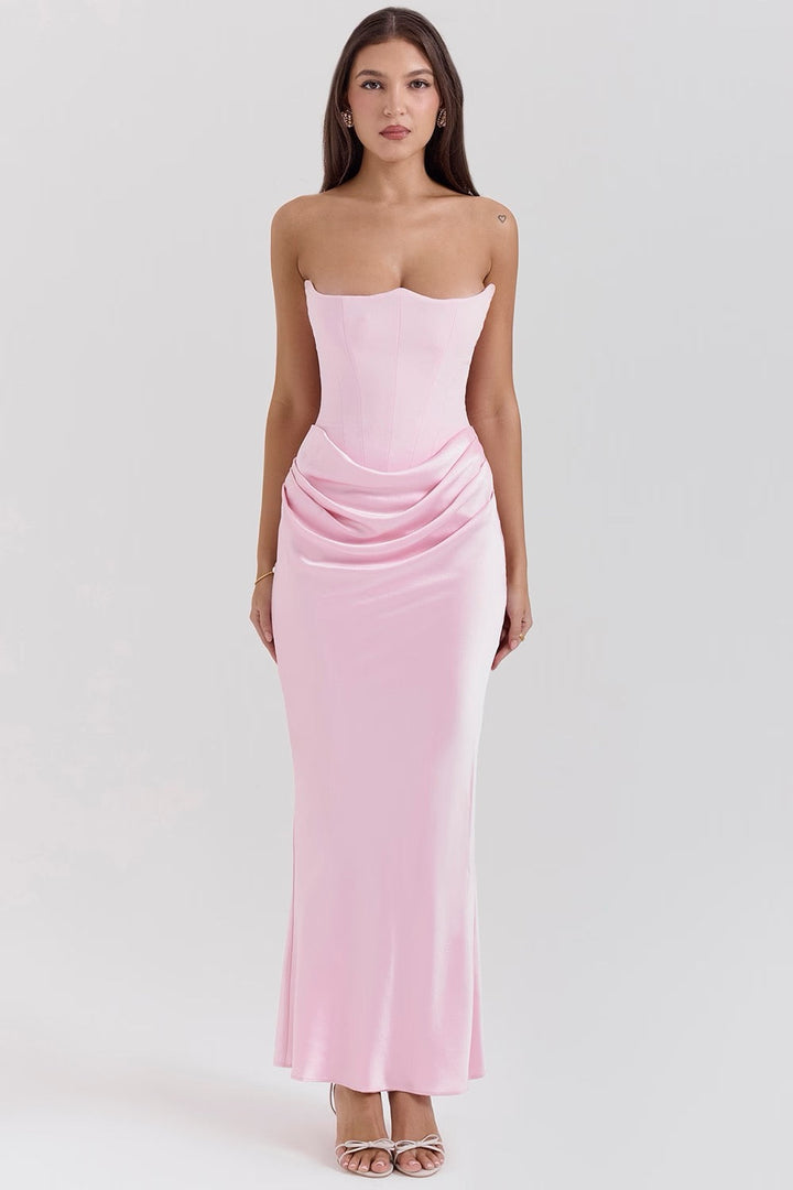 Hera - Robe de soirée élégante sans bretelles de couleur unie et rétro