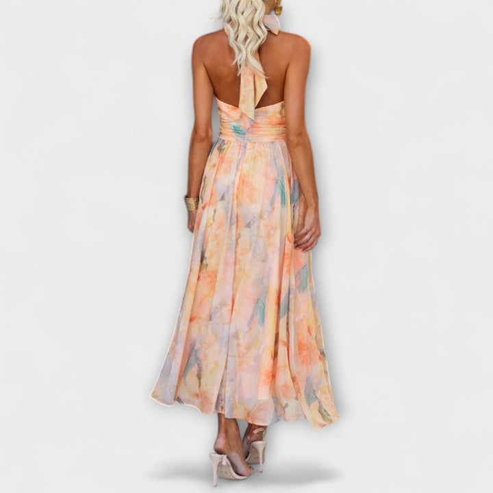 Fabiana - Halter-Neck  Watercolor Print Maxi Dress