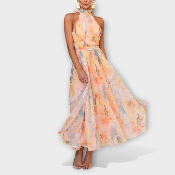 Fabiana - Halter-Neck  Watercolor Print Maxi Dress