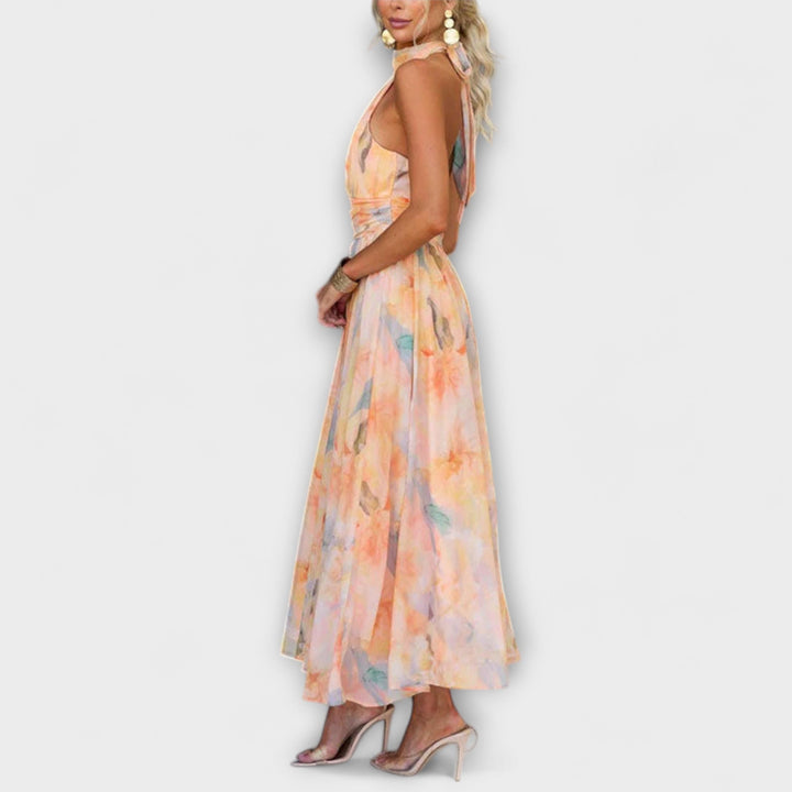 Fabiana - Halter-Neck  Watercolor Print Maxi Dress