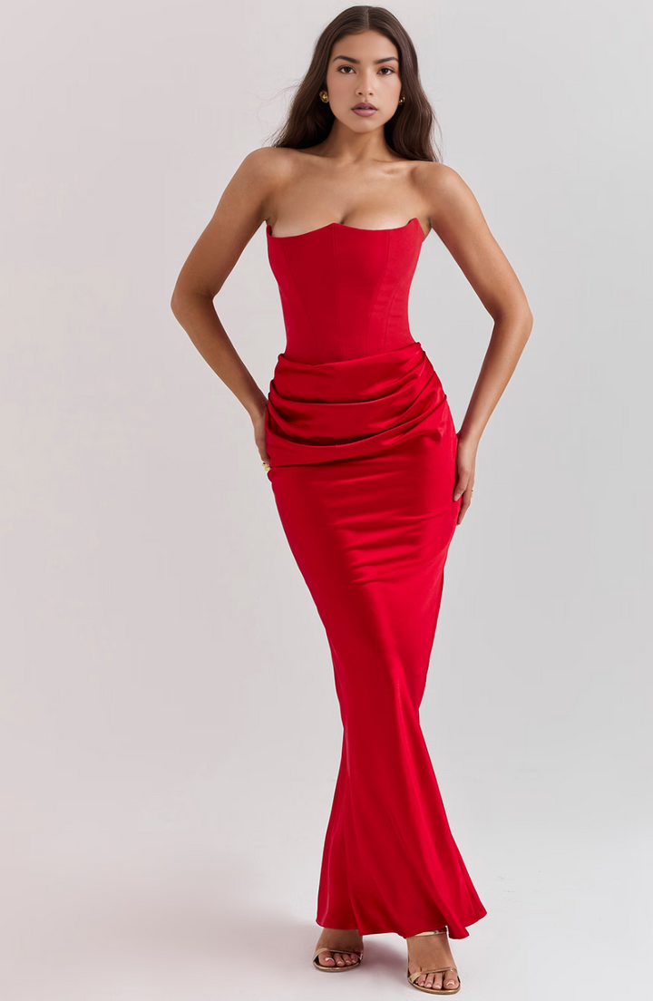 Hera - Robe de soirée élégante sans bretelles de couleur unie et rétro