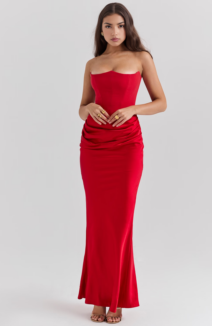 Hera - Robe de soirée élégante sans bretelles de couleur unie et rétro