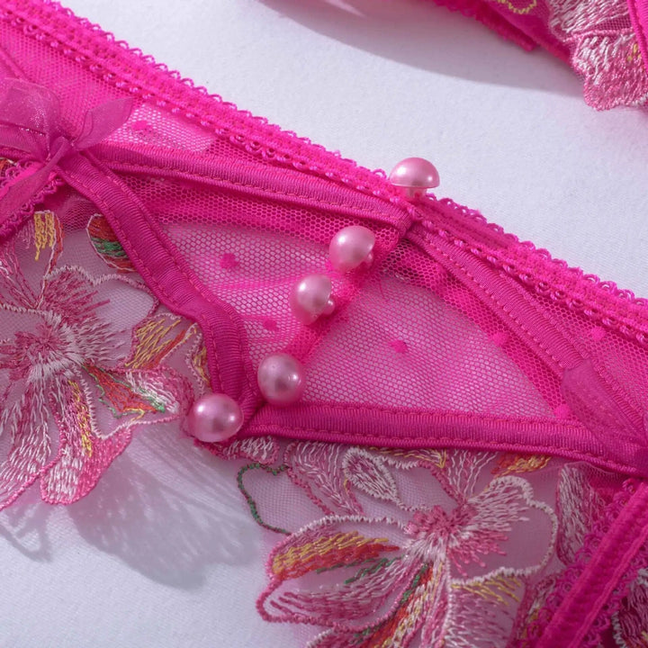 Marlo - Sheer Mesh Floral Embroidered 3-Piece Lingerie Set