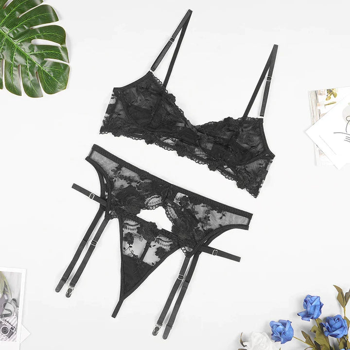 Hartley - Garter Belt Three-Piece Sheer Bra Set