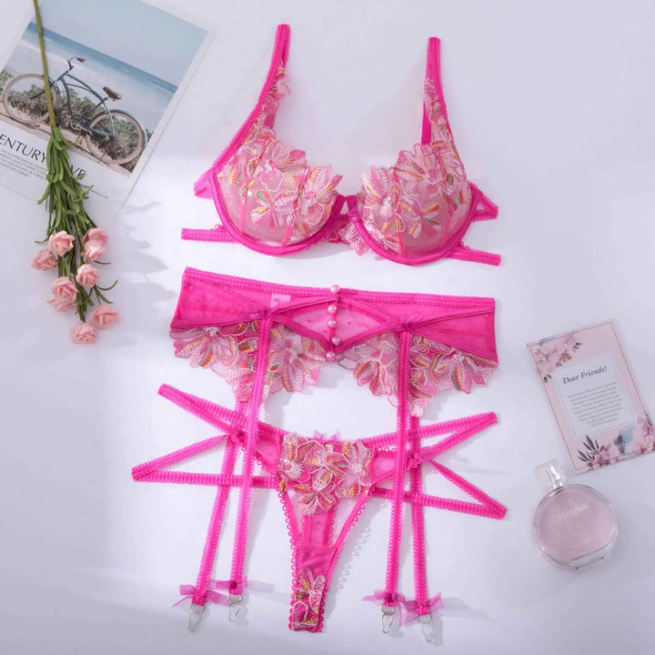Marlo - Sheer Mesh Floral Embroidered 3-Piece Lingerie Set