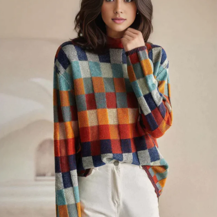 Katherine – Pull col roulé chic en laine à carreaux 