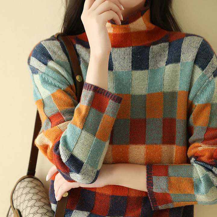 Katherine – Pull col roulé chic en laine à carreaux 