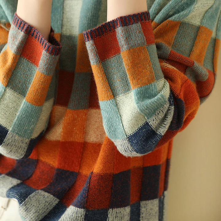Katherine – Pull col roulé chic en laine à carreaux 