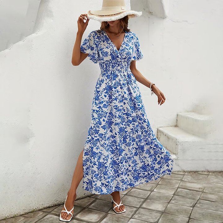 Bea - Robe de plage bohème bleue à col en V 