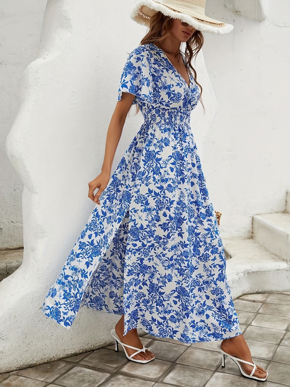 Bea - Robe de plage bohème bleue à col en V 