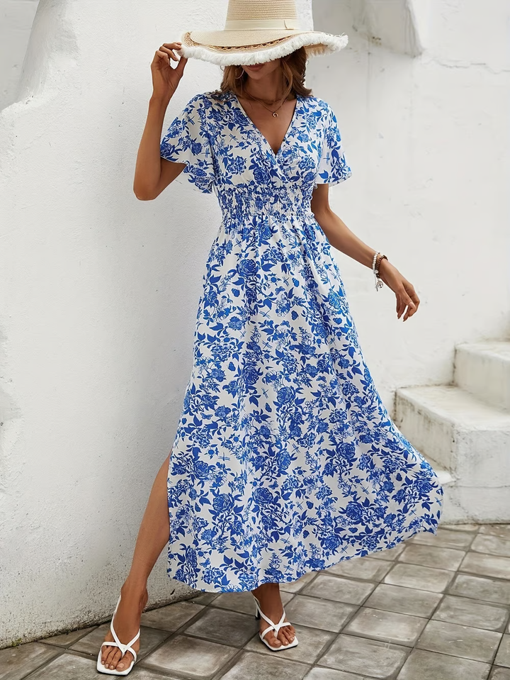 Bea - Robe de plage bohème bleue à col en V 