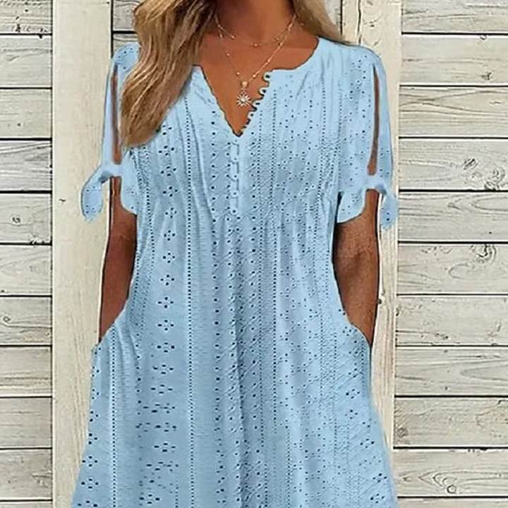 Elga - Elegant V-Neck Hollow-Out Solid Dress