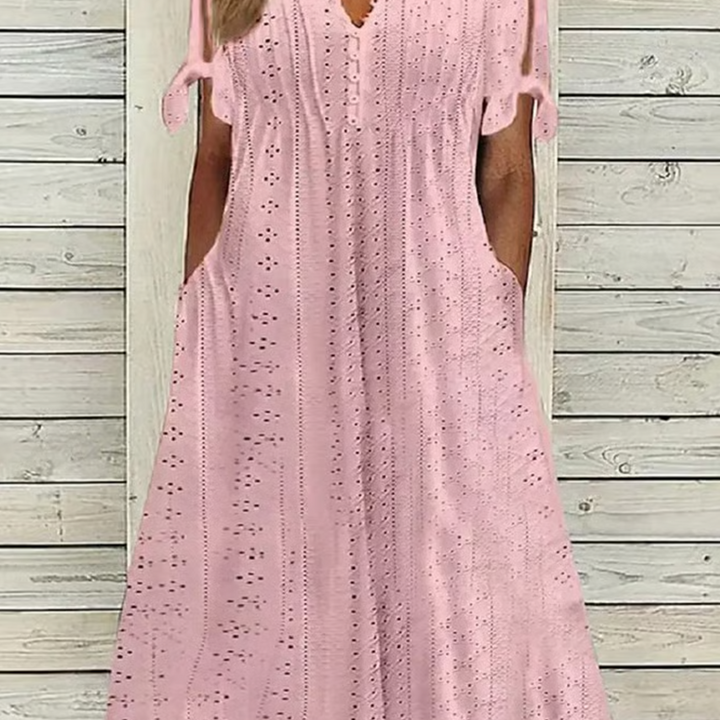 Elga - Elegant V-Neck Hollow-Out Solid Dress
