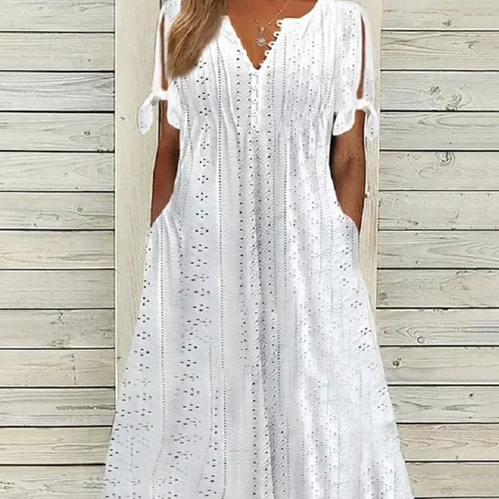 Elga - Elegant V-Neck Hollow-Out Solid Dress