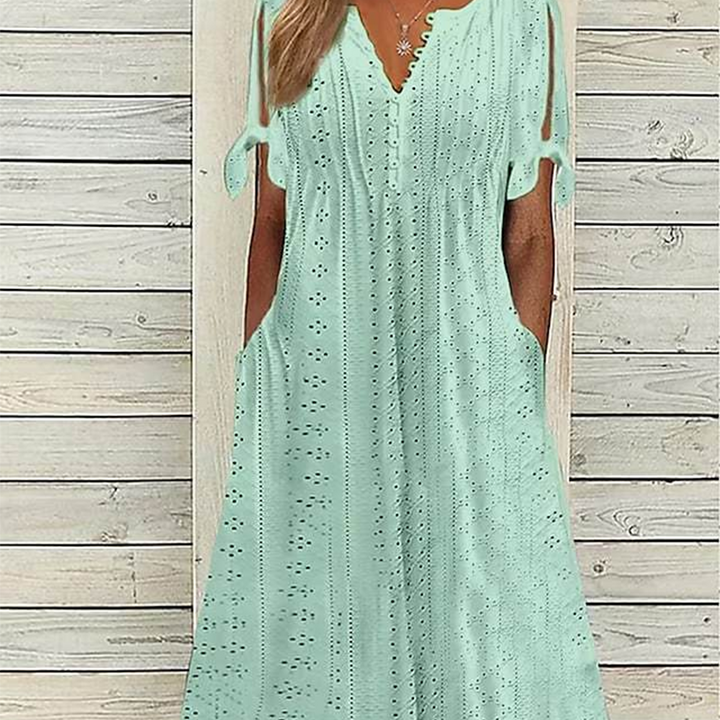Elga - Elegant V-Neck Hollow-Out Solid Dress