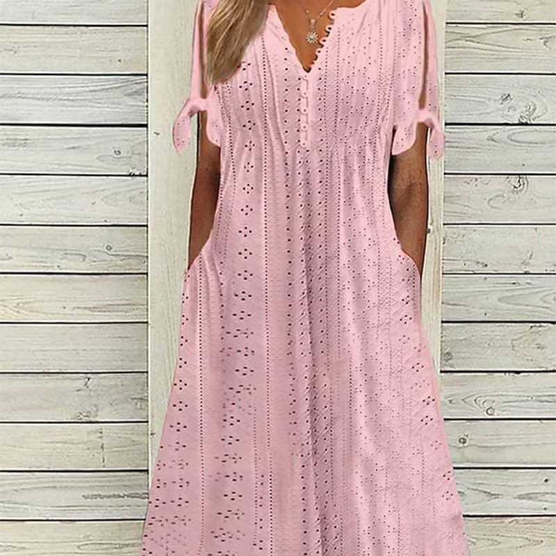 Elga - Elegant V-Neck Hollow-Out Solid Dress