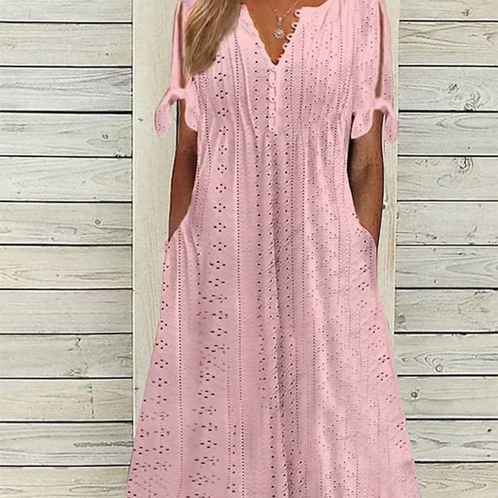 Elga - Elegant V-Neck Hollow-Out Solid Dress
