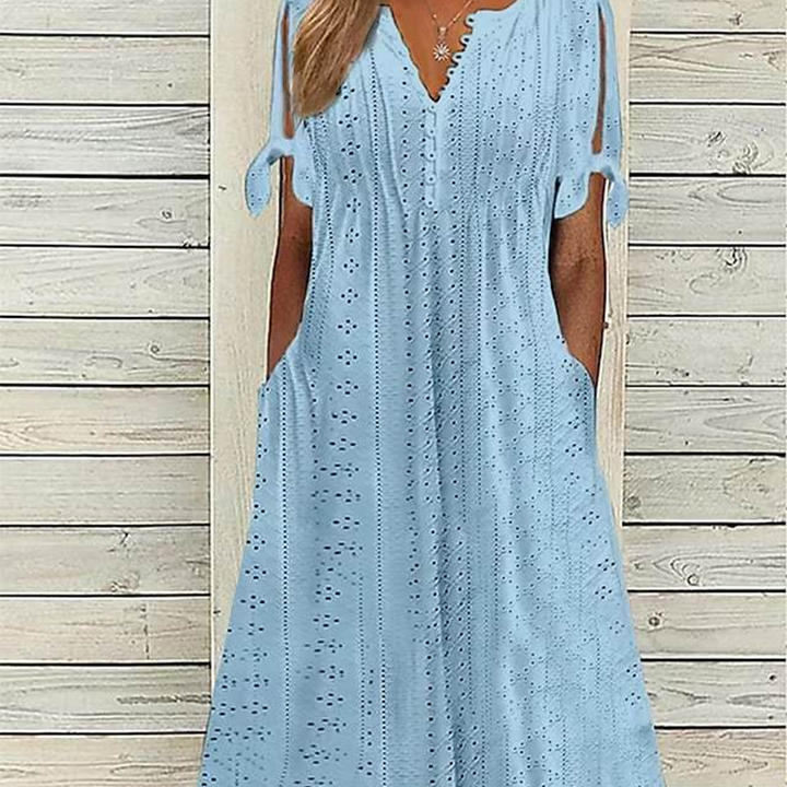 Elga - Elegant V-Neck Hollow-Out Solid Dress